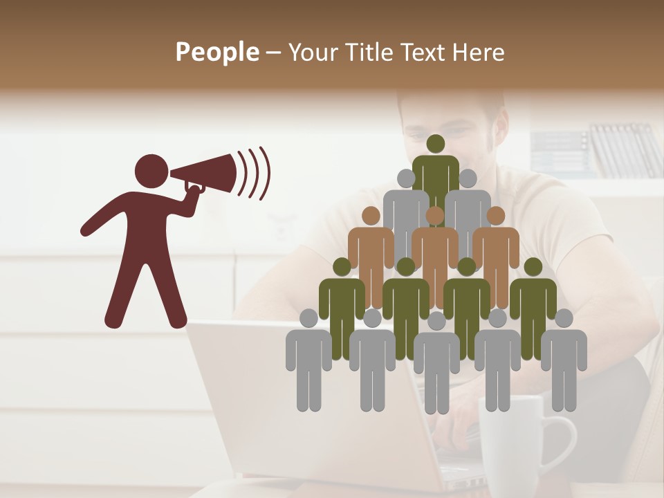 Happy Young Man In T-Shirt Sitting On Sofa At Home, Working On Laptop Computer, Smiling. PowerPoint Template