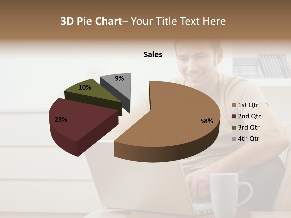 Happy Young Man In T-Shirt Sitting On Sofa At Home, Working On Laptop Computer, Smiling. PowerPoint Template