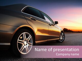 Rear-Side View Of A Luxury Car On Sunset PowerPoint Template