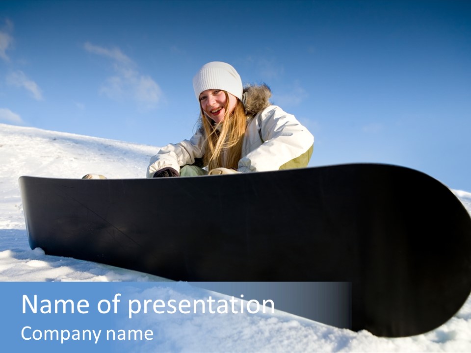 Girl With Snowboard Sit On Snow PowerPoint Template