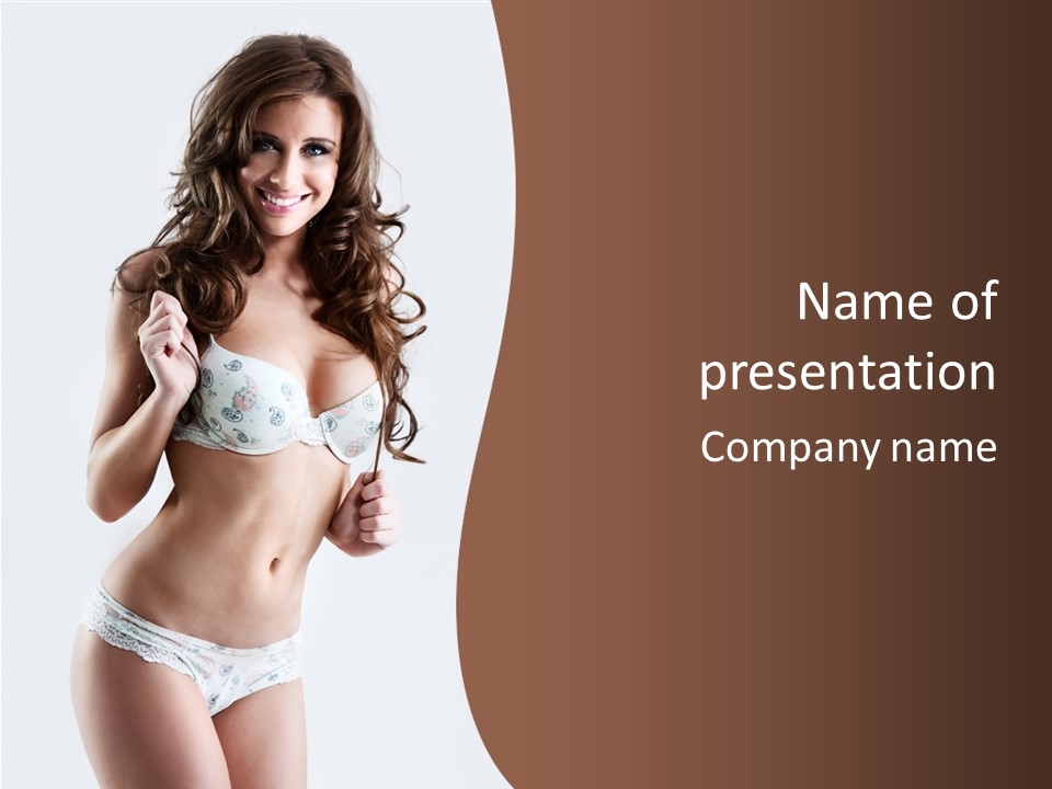 Smiling Busty Brunette In White Lingerie Islated On White PowerPoint Template