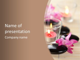 Spa Stones And Pink Flowers Over Bamboo Mat PowerPoint Template