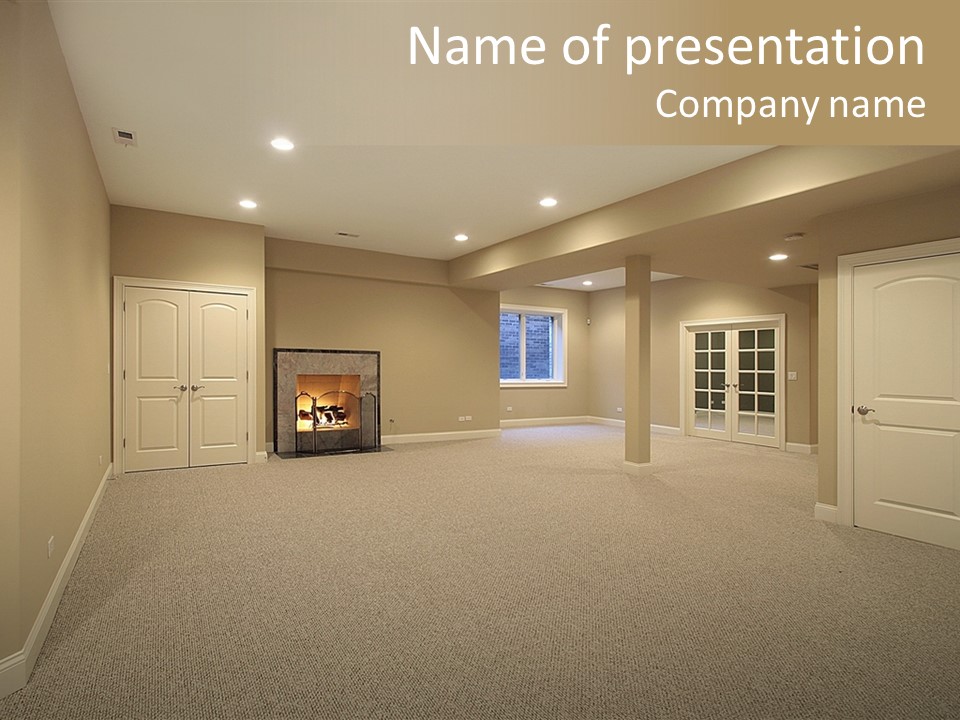 A Large Empty Room With A Fireplace In It PowerPoint Template