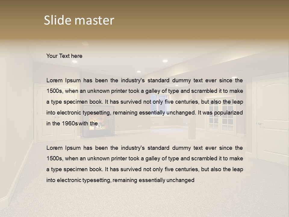 A Large Empty Room With A Fireplace In It PowerPoint Template