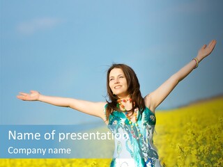 Beautiful Young Happy Woman On Rapeseed Field In Bloom PowerPoint Template