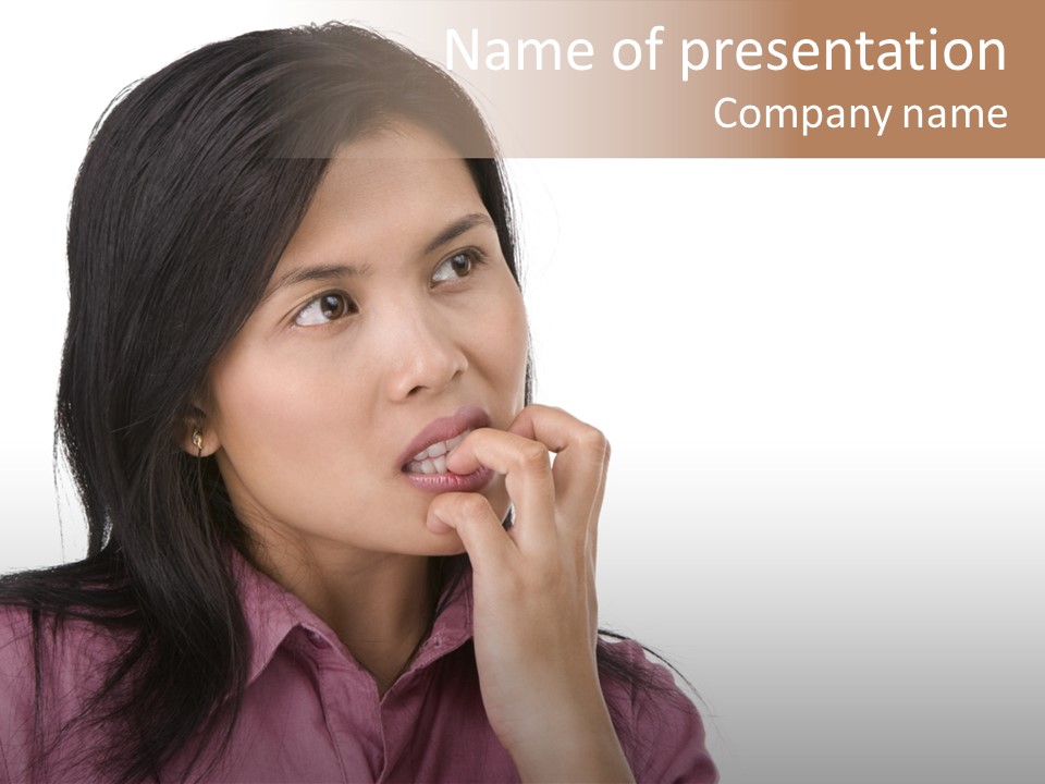 A Young Woman Is Very Nervous And Have Bad Habit By Biting Her Fingernail. PowerPoint Template