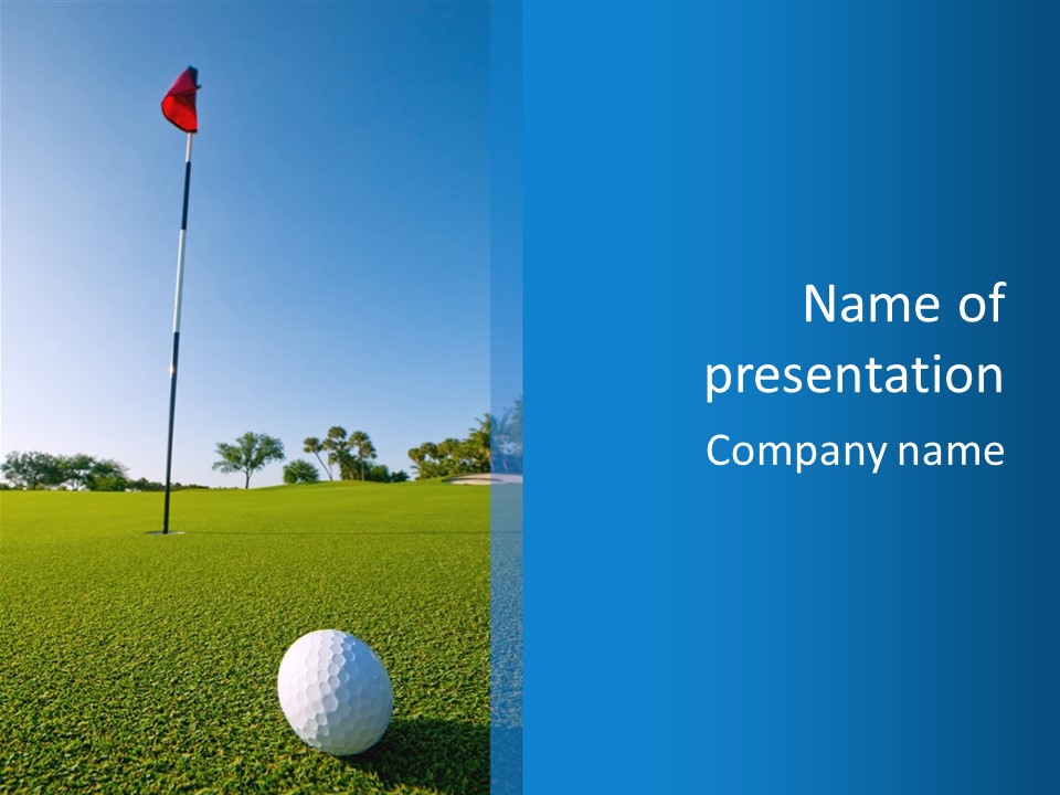 Golf Ball On Green At Ground Level Extreme Wide Angle (Focus On Ball) PowerPoint Template