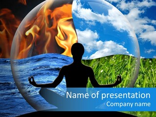 Female Yoga Figure In A Transparent Sphere, Composed Of Four Natural Elements (Water, Fire, Earth, Air) As A Concept For Controlling Emotions And Power Over Nature. PowerPoint Template