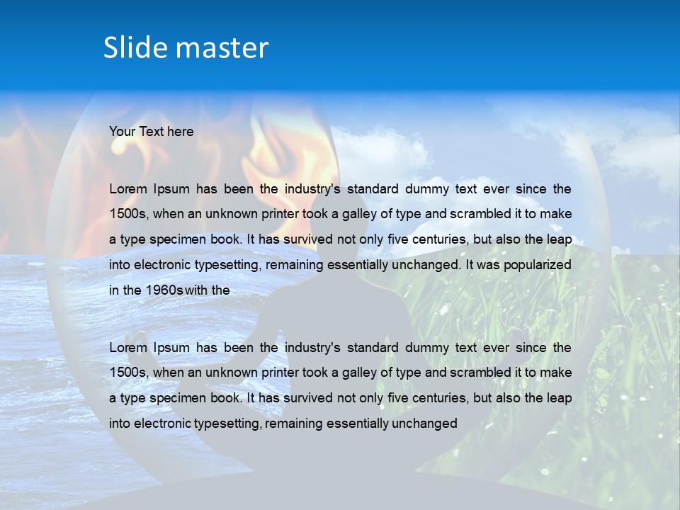 Female Yoga Figure In A Transparent Sphere, Composed Of Four Natural Elements (Water, Fire, Earth, Air) As A Concept For Controlling Emotions And Power Over Nature. PowerPoint Template