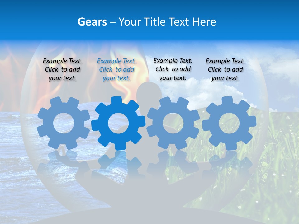 Female Yoga Figure In A Transparent Sphere, Composed Of Four Natural Elements (Water, Fire, Earth, Air) As A Concept For Controlling Emotions And Power Over Nature. PowerPoint Template