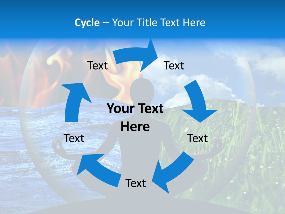 Female Yoga Figure In A Transparent Sphere, Composed Of Four Natural Elements (Water, Fire, Earth, Air) As A Concept For Controlling Emotions And Power Over Nature. PowerPoint Template