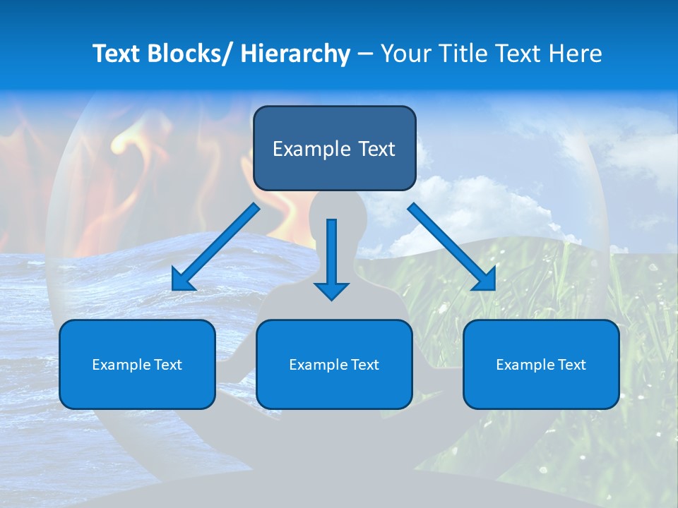 Female Yoga Figure In A Transparent Sphere, Composed Of Four Natural Elements (Water, Fire, Earth, Air) As A Concept For Controlling Emotions And Power Over Nature. PowerPoint Template