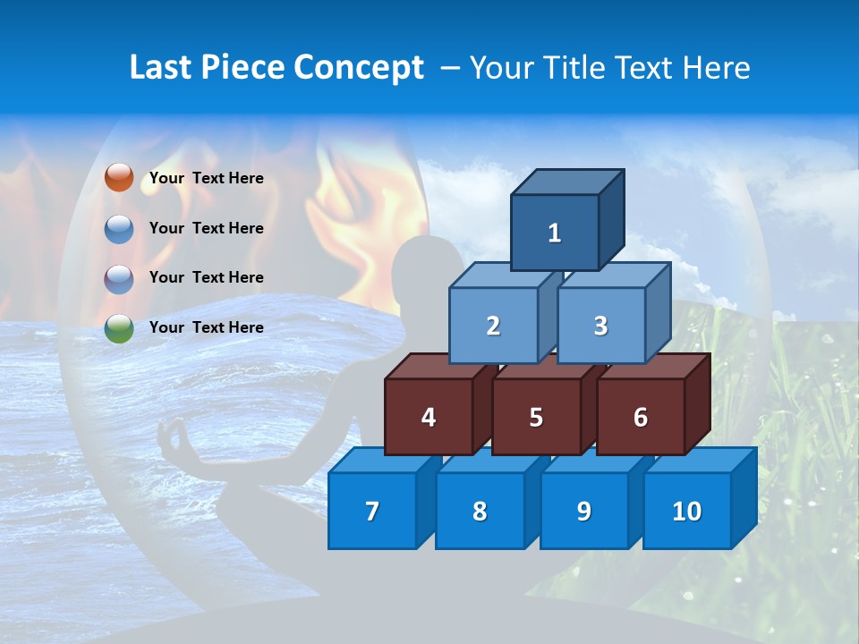 Female Yoga Figure In A Transparent Sphere, Composed Of Four Natural Elements (Water, Fire, Earth, Air) As A Concept For Controlling Emotions And Power Over Nature. PowerPoint Template