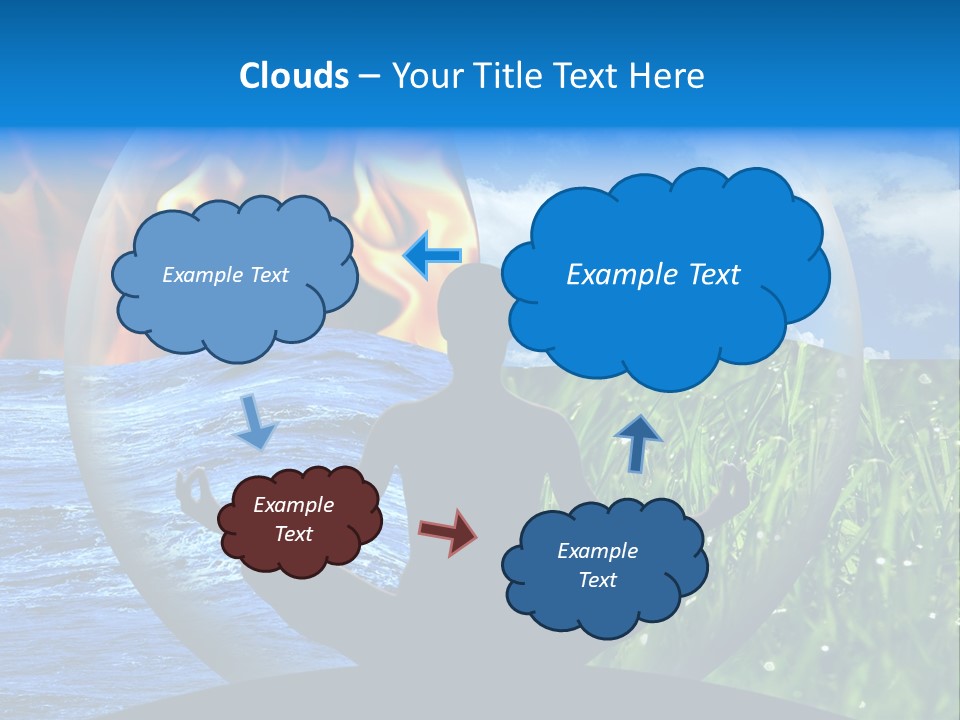Female Yoga Figure In A Transparent Sphere, Composed Of Four Natural Elements (Water, Fire, Earth, Air) As A Concept For Controlling Emotions And Power Over Nature. PowerPoint Template