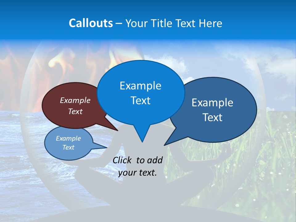 Female Yoga Figure In A Transparent Sphere, Composed Of Four Natural Elements (Water, Fire, Earth, Air) As A Concept For Controlling Emotions And Power Over Nature. PowerPoint Template