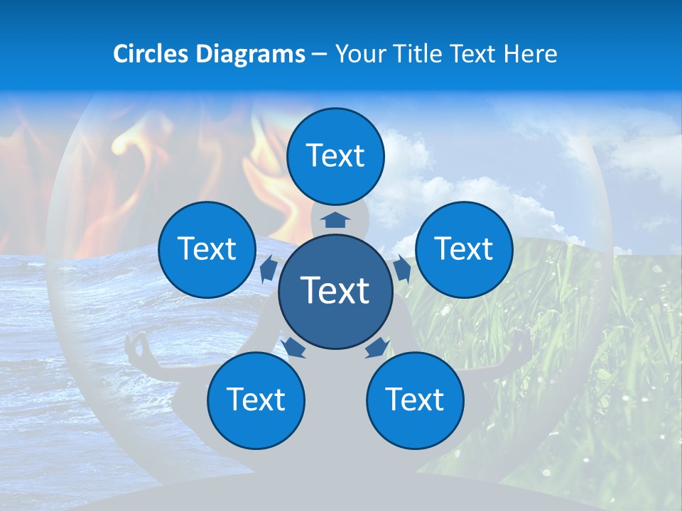 Female Yoga Figure In A Transparent Sphere, Composed Of Four Natural Elements (Water, Fire, Earth, Air) As A Concept For Controlling Emotions And Power Over Nature. PowerPoint Template