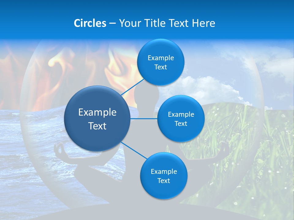 Female Yoga Figure In A Transparent Sphere, Composed Of Four Natural Elements (Water, Fire, Earth, Air) As A Concept For Controlling Emotions And Power Over Nature. PowerPoint Template