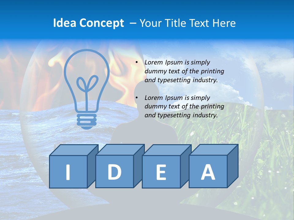Female Yoga Figure In A Transparent Sphere, Composed Of Four Natural Elements (Water, Fire, Earth, Air) As A Concept For Controlling Emotions And Power Over Nature. PowerPoint Template