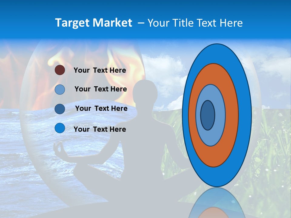 Female Yoga Figure In A Transparent Sphere, Composed Of Four Natural Elements (Water, Fire, Earth, Air) As A Concept For Controlling Emotions And Power Over Nature. PowerPoint Template