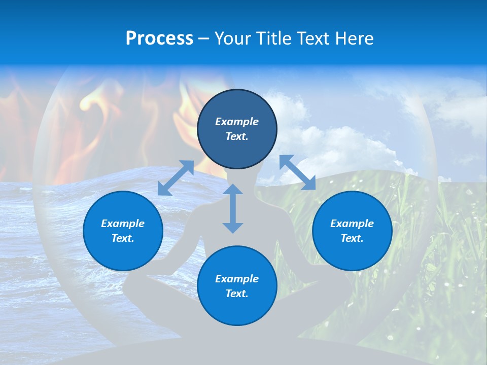 Female Yoga Figure In A Transparent Sphere, Composed Of Four Natural Elements (Water, Fire, Earth, Air) As A Concept For Controlling Emotions And Power Over Nature. PowerPoint Template