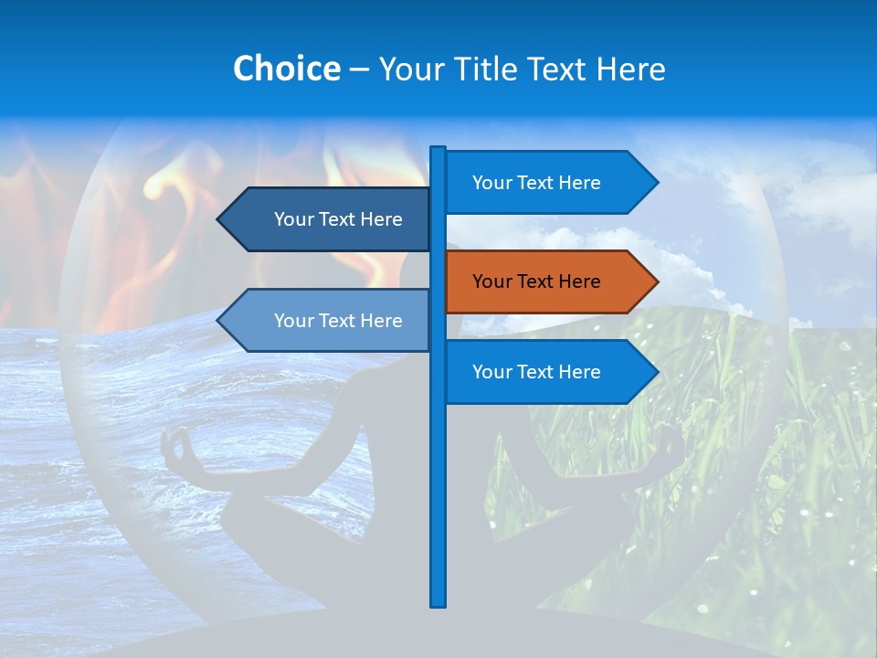 Female Yoga Figure In A Transparent Sphere, Composed Of Four Natural Elements (Water, Fire, Earth, Air) As A Concept For Controlling Emotions And Power Over Nature. PowerPoint Template