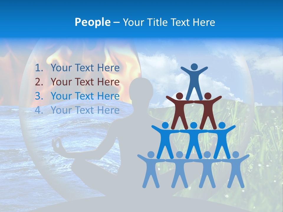 Female Yoga Figure In A Transparent Sphere, Composed Of Four Natural Elements (Water, Fire, Earth, Air) As A Concept For Controlling Emotions And Power Over Nature. PowerPoint Template