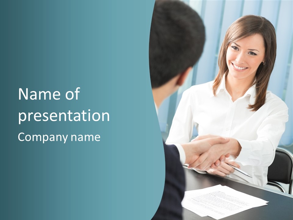 Two Businesspeople, Or Business Person And Client Handshaking At Office PowerPoint Template