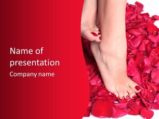 Pair Of Well-Groomed Feet Against From Petals Of Red Roses PowerPoint Template