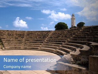 A Stage With Steps And A Lighthouse In The Background PowerPoint Template
