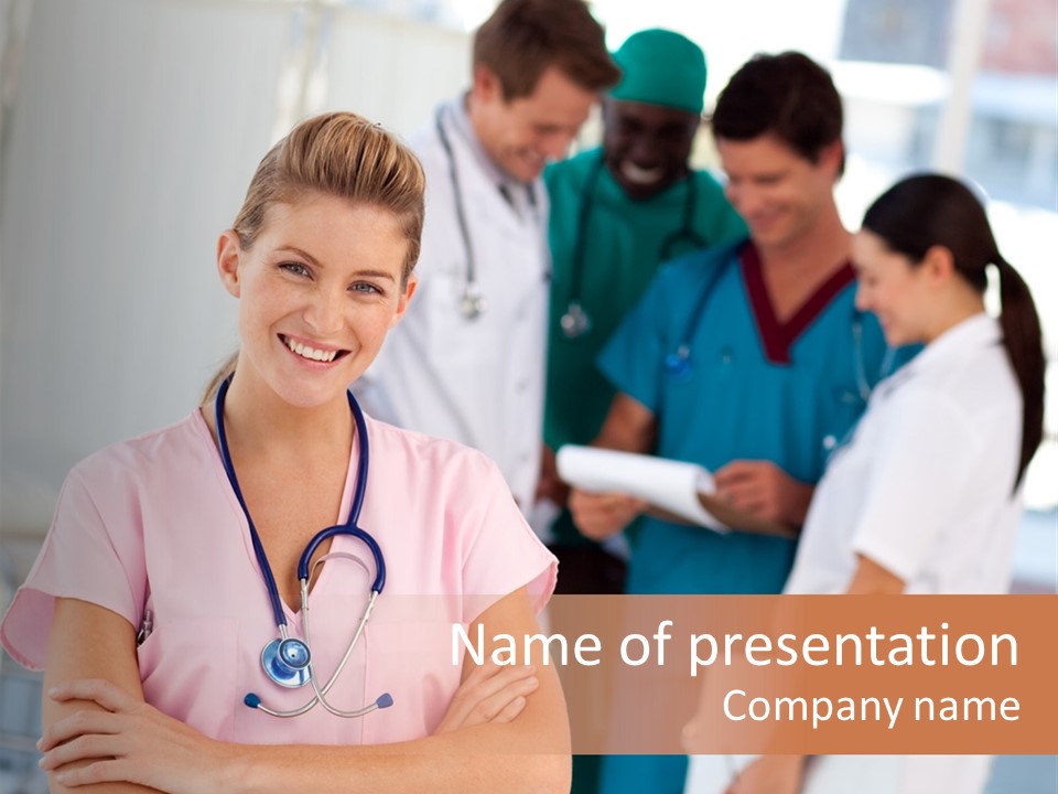 Smiling Nurse With Doctors In The Background PowerPoint Template