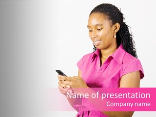 African Woman Reading Text Messages On Cellphone PowerPoint Template