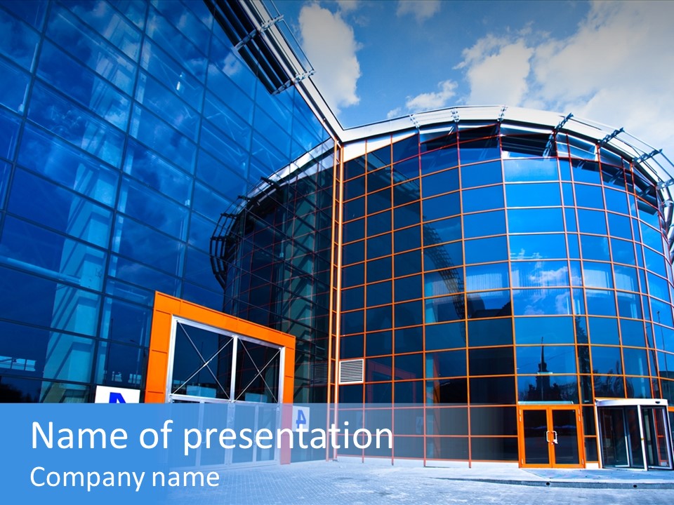 View To Enter To Modern Trade Center With Orange Door PowerPoint Template