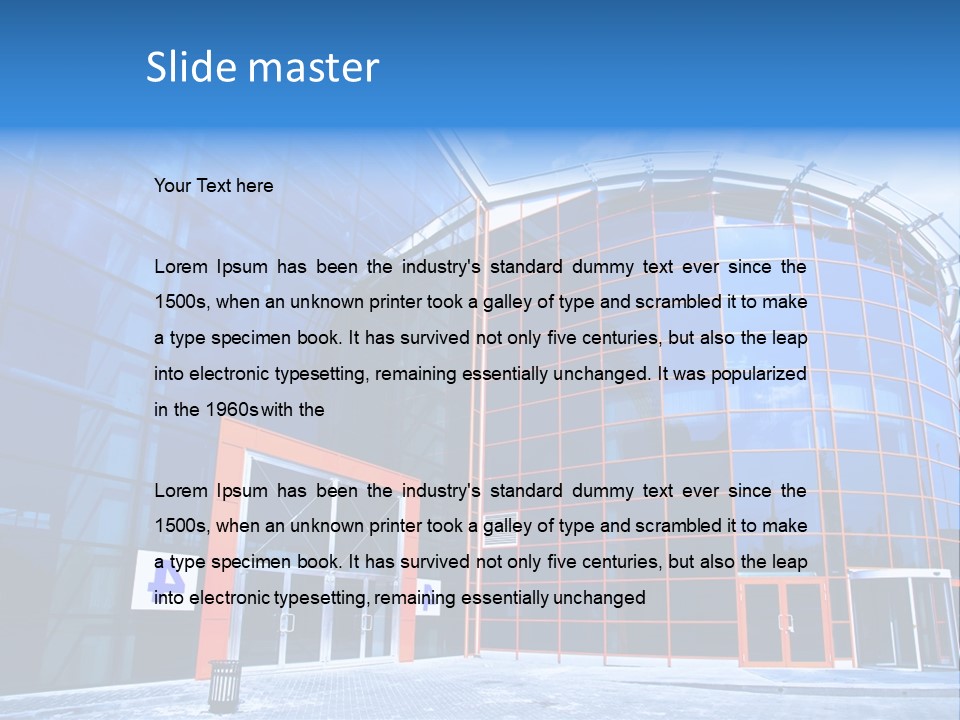View To Enter To Modern Trade Center With Orange Door PowerPoint Template