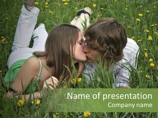 Beautiful Girl And Boy On Summer Lawn With Dandelions PowerPoint Template