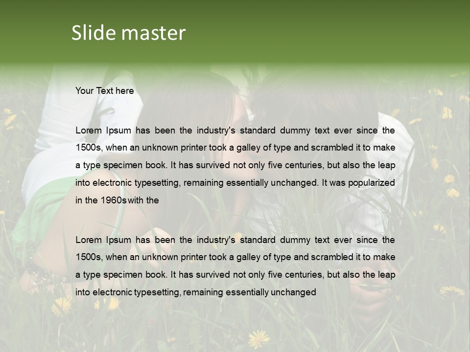 Beautiful Girl And Boy On Summer Lawn With Dandelions PowerPoint Template