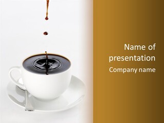 A Cup Of Black Coffee Full To The Brim With Drops Splashing On The Surface Threatening To Spill Over. PowerPoint Template