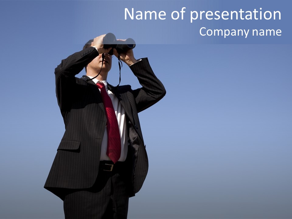 Businessman Looking Through Binoculars With A Blue Sky As Background PowerPoint Template