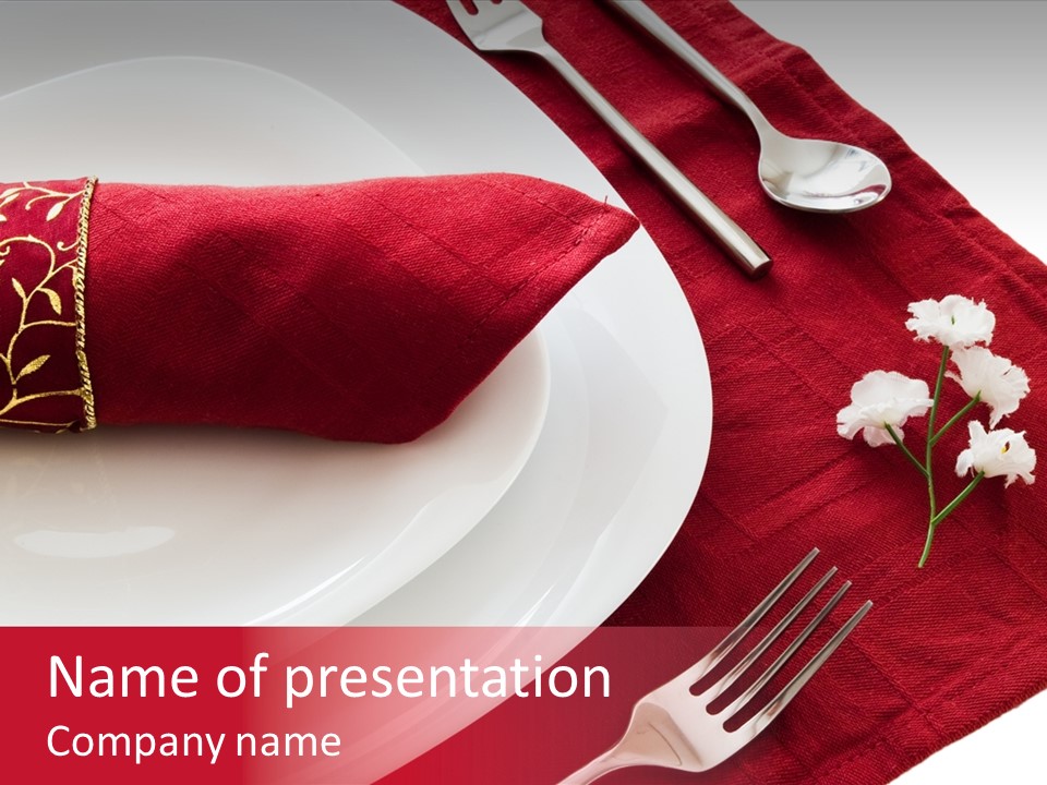 Place Setting With White Dishes And Napkin On Red PowerPoint Template