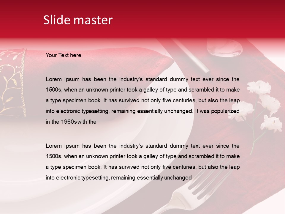 Place Setting With White Dishes And Napkin On Red PowerPoint Template