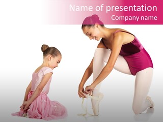 Young Female Ballet Dancer Showing A Young Dancer How To Tie A Ballet Pointe Shoe Against A White Background. Not Isolated PowerPoint Template