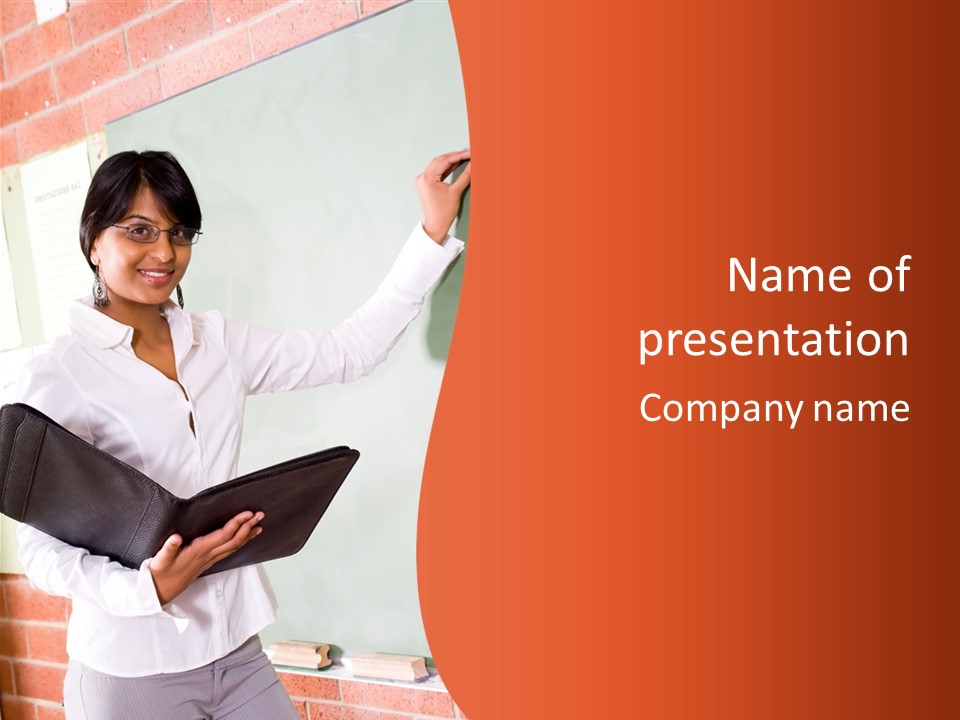 Young Beautiful School Teacher Write On Blackboard PowerPoint Template