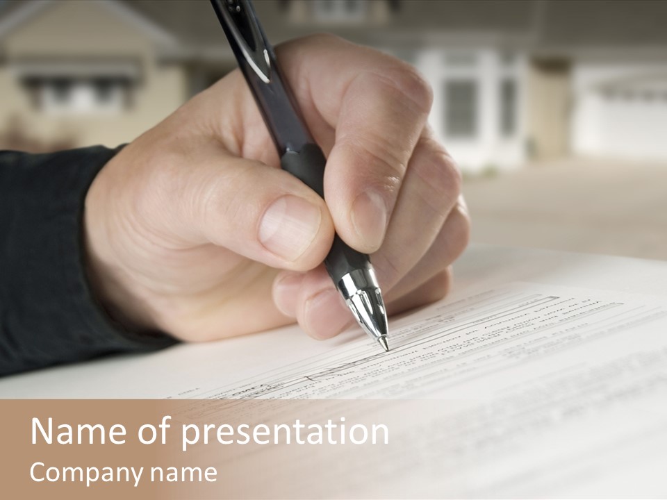 Man Signing Paperwork, New Home In Background PowerPoint Template