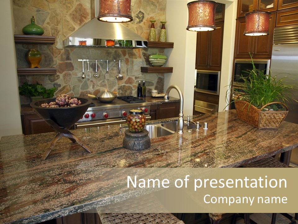 Luxury Kitchen With A Modern Granite Island. PowerPoint Template
