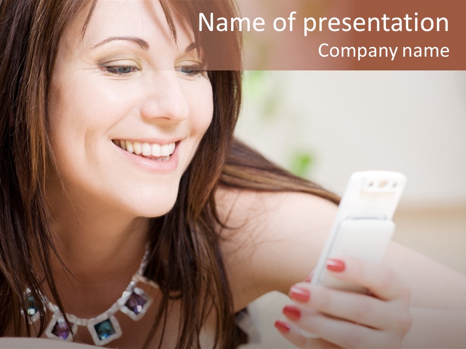 Portrait Of Happy Woman With White Phone PowerPoint Template