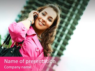 Beautiful Young Brunette Woman Talking On The Cellphone Outdoor PowerPoint Template