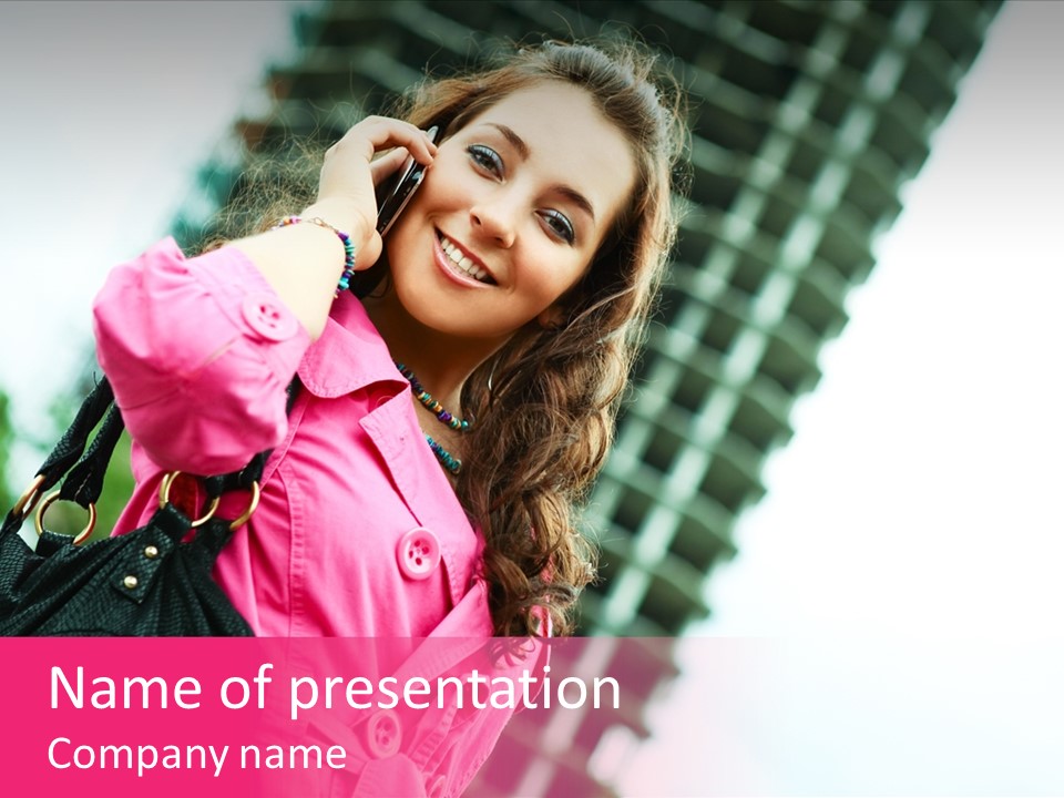 Beautiful Young Brunette Woman Talking On The Cellphone Outdoor PowerPoint Template