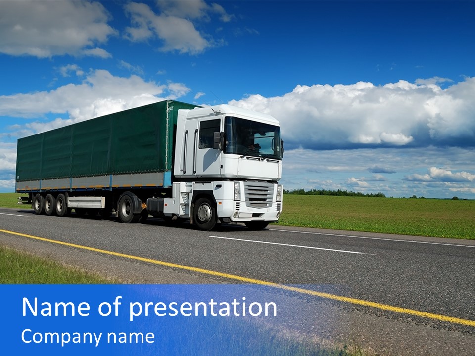 White Lorry With Green Trailer On The Highway Over Blue Cloudy Sky PowerPoint Template