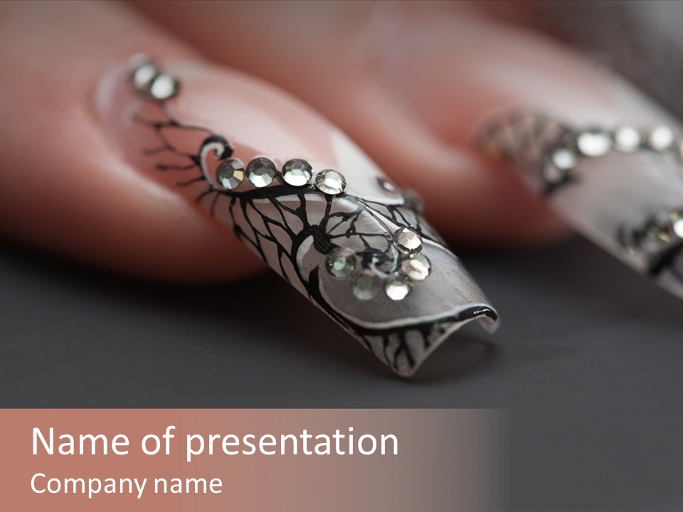 Human Fingers With Long Fingernail And Beautiful Manicure Over Gray PowerPoint Template