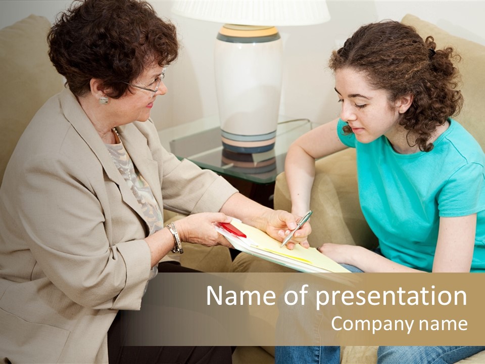 Psychologist Giving A Teen Girl An Agreement To Sign Before Starting Therapy. PowerPoint Template