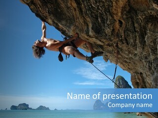 Adult Climbing Hard Overhanging Wall In Krabi, Thailand. PowerPoint Template